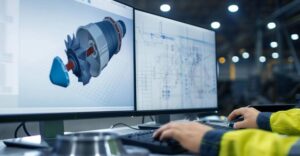 Kỹ sư đang kiểm tra mô hình CAD 3D để phát hiện lỗi thiết kế trước khi đưa vào sản xuất