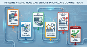 Diagram showing how CAD design errors propagate through simulation machining automation and production