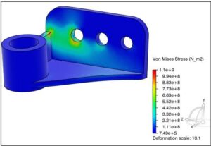 Von Mises stress distribution around a bolt hole in a mechanical bracket FEA model